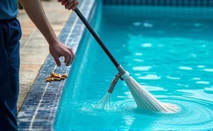 Pool technician cleaning pool